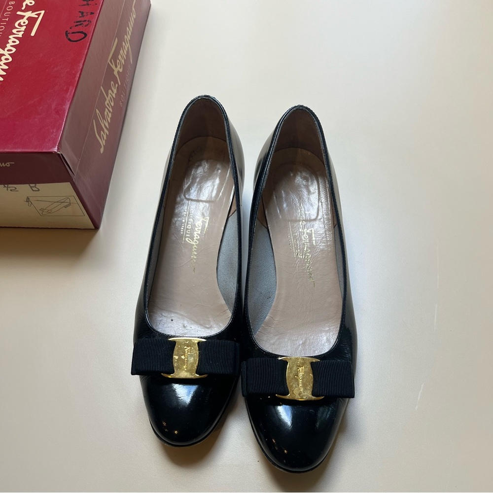 Salvatore Ferragamo Black Patent Loafers/Pumps with Gold Detail